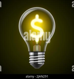 Light bulb with a shining dollar sign on a dark background. Electricity price creative concept vector banner. Stock Vector