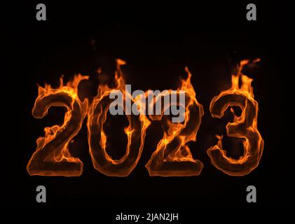 burning numbers 2023 isolated on black. 3d rendering Stock Photo