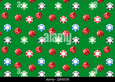 Casino chips and dice wallpaper. Pattern on green Stock Vector