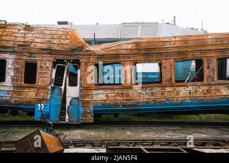Exploded Wagons Exploded trains and wagons at the railway station in the city of ...