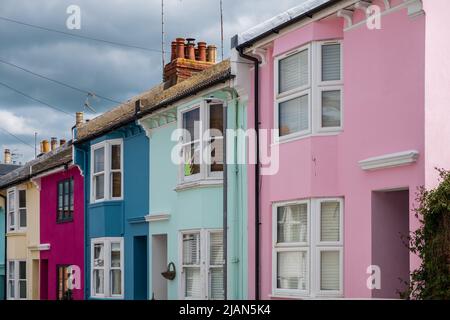 Colourful painted terraced cottages on Washington Street in the Hanover neighbourhood of Brighton Stock Photo