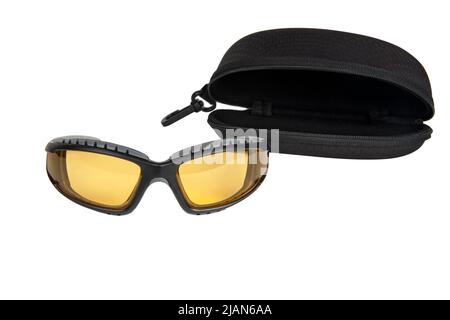 Tactical yellow glasses with case isolated on the white background Stock Photo