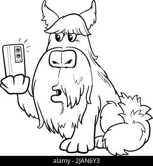 Black and white cartoon illustration of funny dog animal character taking a selfie with smart phone coloring page Stock Vector