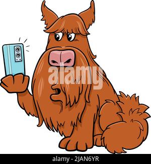 Cartoon illustration of funny dog animal character taking a selfie with smart phone Stock Vector