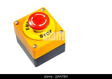 Big red emergency stop safety button knob object isolated on white background, cut out, nobody. Industrial workplace security policy, factory safety m Stock Photo