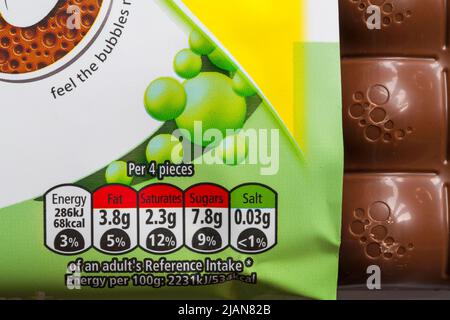 Nutritional information traffic lights system labelling colour coded label information on bar of Peppermint chocolate Aero Stock Photo