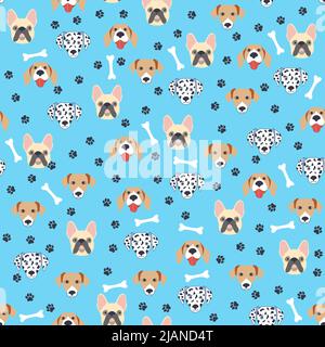 Seamless patterns with cute cartoon dogs muzzles. Dalmatian, Terrier, Bulldog. Stock Vector