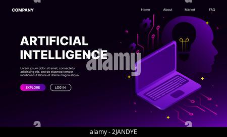 Artificial Intelligence Landing Page in Dark Theme. Vector illustration Stock Vector