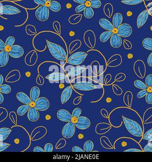 Flower embroidery color illustration, Ethnic fabric floral seamless pattern Stock Vector