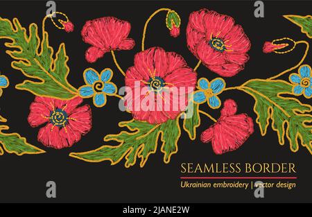 Poppy flower embroidery color illustration on black. Ethnic fabric floral seamless border Stock Vector