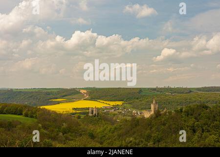 view to the castle ruins Rudelsburg and Saalack and surrounding landscapes Stock Photo