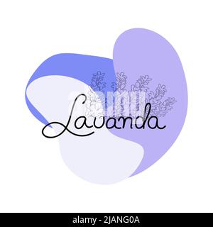 Abstract purple shapes with Lavanda lettering and lavender flowers. Stock Vector