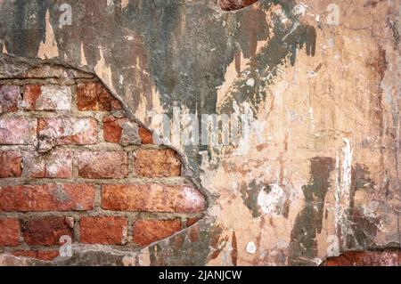 Empty Old Brick Wall Texture. Painted Distressed Wall Surface. Grungy Wide Brickwall. Grunge Red Stonewall Background. Shabby Building Facade With Stock Photo