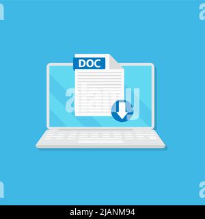 Download DOC icon file with label on laptop screen. Downloading document concept. Banner for business, marketing and advertising. Vector Illustration. Stock Vector