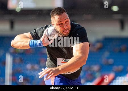 Ostrava, Czech Republic. 31st May, 2022. Shot put thrower Filip Mihaljevic of Croatia competes during the Golden Spike, international athletic meet of Continental Tour - Gold category in Ostrava, Czech Republic, May 31, 2022. Credit: Vladimir Prycek/CTK Photo/Alamy Live News Stock Photo