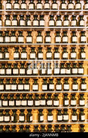 Paris, France, March 27 2017: Perfume bottles at the Museum Fragonard, Paris. The House of Fragonard selling perfumery products directly to the Stock Photo