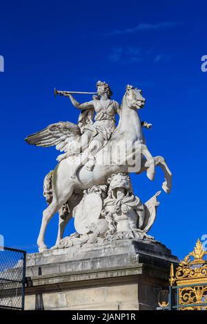 Paris, France, March 28 2017: This sculpture is located in the Tuileries Garden in Paris. It depicts the god Mercury as a young man sitting sidesaddle Stock Photo