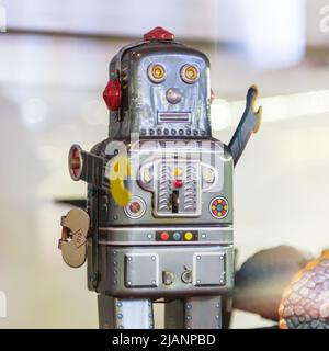Istanbul, Turkey, 23 March 2019: Vintage tinplate old toy robot. Rahmi M. Koc Industrial Museum Stock Photo