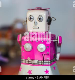 Istanbul, Turkey, 23 March 2019: Vintage tinplate old toy female robot. Rahmi M. Koc Industrial Museum Stock Photo