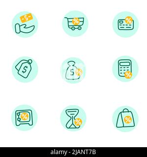 Credit score, financial icons linear vector set. Credit card, shopping, purchase, money bag, bank safe, deposit, financial operations thin line contou Stock Vector