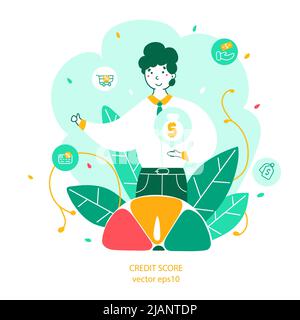 Credit score and banking flat vector illustration. Man cartoon hand drawn character. Banking services banner template. Loan, credit history and inform Stock Vector