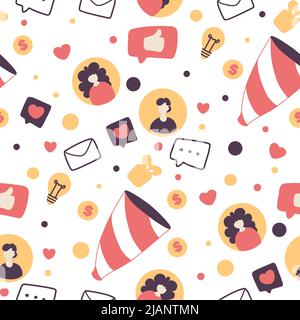 Sales funnel business model flat vector seamless pattern. Customer conversion and email marketing cartoon background. Trendy SMM strategies, user prof Stock Vector