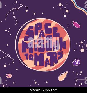 Space mission to mars in fantastic style on deep background. Flat vector cartoon illustration. Technology background. Vector illustration design. Futu Stock Vector