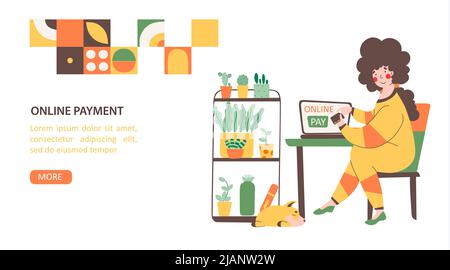 Online store payment from home, flat vector landing page template. Internet technology. Online shopping. Laptop screen. Internet banking app. Stock Vector