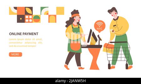NFC - Contactless payment, flat vector landing page template. Payment from smartphone, paypass technology. Seller and buyer in supermarket. Stock Vector