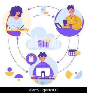 Cloud work service flat vector illustration. Remote work Digital communication. Teamwork concept. Technology design. Stock Vector