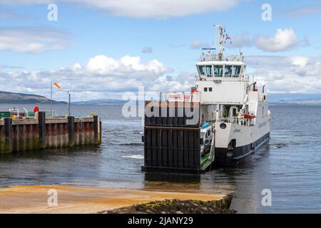 The Catriona a Caledonian MacBrayne car ferry arriving at Lochranza harbour, Isle of Arran, Scotland Stock Photo