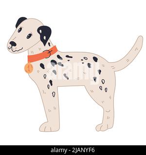 Dalmatians dog lovely cartoon character, flat vector illustration isolated on white background. Domestic pet. Funny hand drawn dog or puppy with black Stock Vector