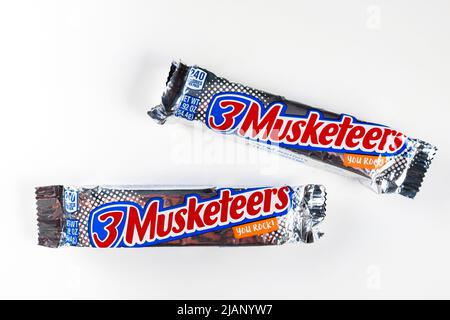 Top view of 3 Musketeers candy bars isolated on a white background. Stock Photo