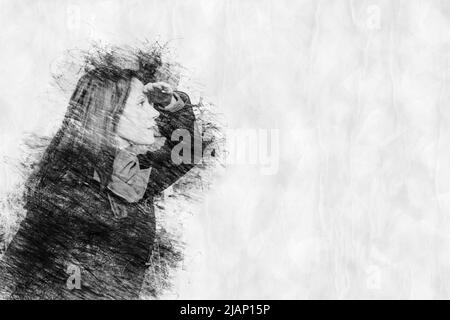 young woman looking at something in pencil drawing style Stock Photo