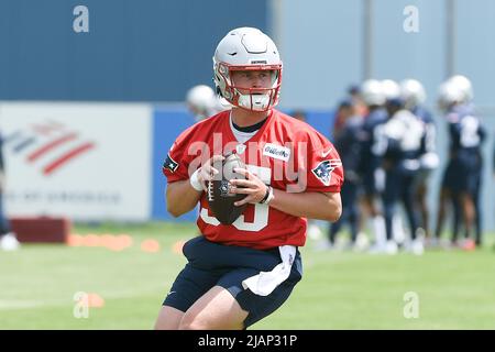 Foxborough, Massachusetts, USA. 31st May, 2022. MA, USA; New England Patriots quarterback Bailey Zappe (55) with the ball at the team's OTA at Gillette Stadium, in Foxborough, Massachusetts. Eric Canha/CSM/Alamy Live News Stock Photo