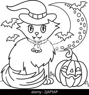 Vampire Cat Halloween Coloring Page for Kids Stock Vector