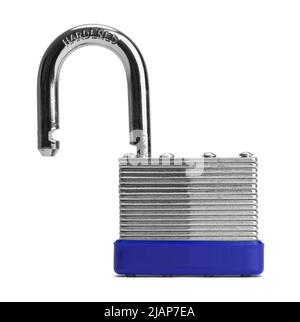 Open Metal Padlock Front View Cut Out on White. Stock Photo