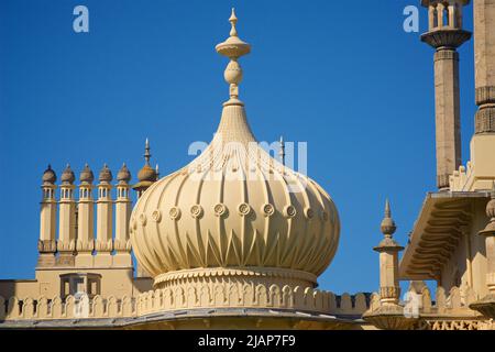 Ornate Georgian period, Indian-inspired roof architecture of Brighton's Royal Pavilion, Brighton East Sussex, England, UK. Dome and minarets. Indo-Saracenic Revival. Stock Photo