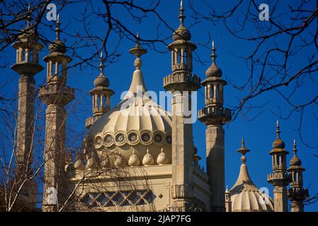 Ornate Georgian period, Indian-inspired roof architecture of Brighton's Royal Pavilion, Brighton, East Sussex, England, UK. Dome and minarets. Indo-Saracenic Revival. Stock Photo