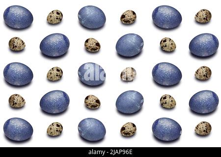 Seamless pattern of quail and chicken colored eggs on a white background. Easter concept Stock Photo