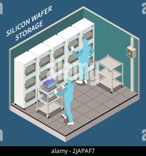 Isometric semiconductor production composition with silicon wafer storage room and two workers in chemical suits 3d vector illustration Stock Vector