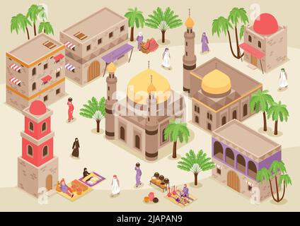Middle eastern cityscape isometric background with mosque tower and traditional arabic buildings with arched facade vector illustration Stock Vector