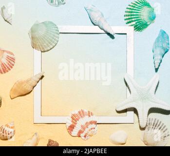 Top view of seashells pattern on sandy background. Minimal sunlight tropical flat lay arrangement. Creative copy space with paper frame. Stock Photo