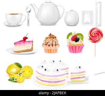 Tea big set of realistic icons with images of teapot cups lemon and various sweet cakes vector illustration Stock Vector