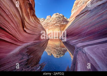 Vermilion Cliffs National Monument. Before highways and railways, before pioneers...the land we know as the United States was a vast wilderness. To protect these last remaining areas, in 1984 Congress created the Paria Canyon - Vermilion Cliffs Wilderness. Coyote Buttes' outstanding scenery, desert wildlife, colourful history, and opportunities for recreation are protected in this landscape for future generations. One of the most beautiful geological formations in the world.  An optimised / enhanced version of a US Bureau of Land Management photo. Credit BLM/B.Wick Stock Photo