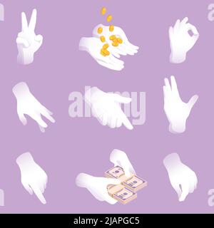 Hands holding money and making signs isometric icons set isolated vector illustration Stock Vector