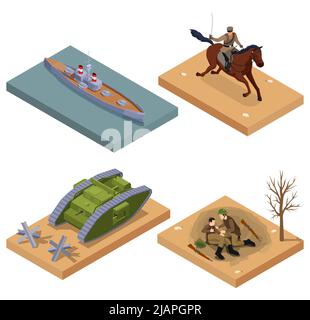 First world war equipment and soldiers isometric composition isolated vector illustration Stock Vector