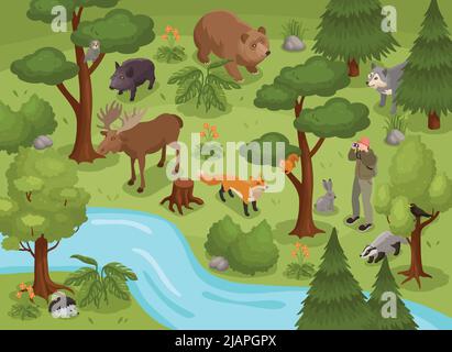 Isometric forest composition with outdoor scenery of forest with river trees grass bushes and various fauna vector illustration Stock Vector