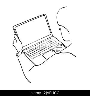 line art rear view closeup businessman using laptop computer with blank screen illustration vector hand drawn isolated on white background Stock Vector