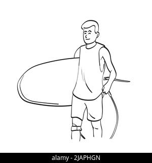 line art half length of smiling man holding surfboard illustration vector hand drawn isolated on white background Stock Vector